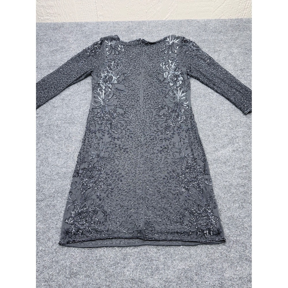 Pisarro‎ Nights Womens Size 12 Beaded Floral Mesh Dress Grey V-Neck 3/4 Sleeve - Picture 8 of 10